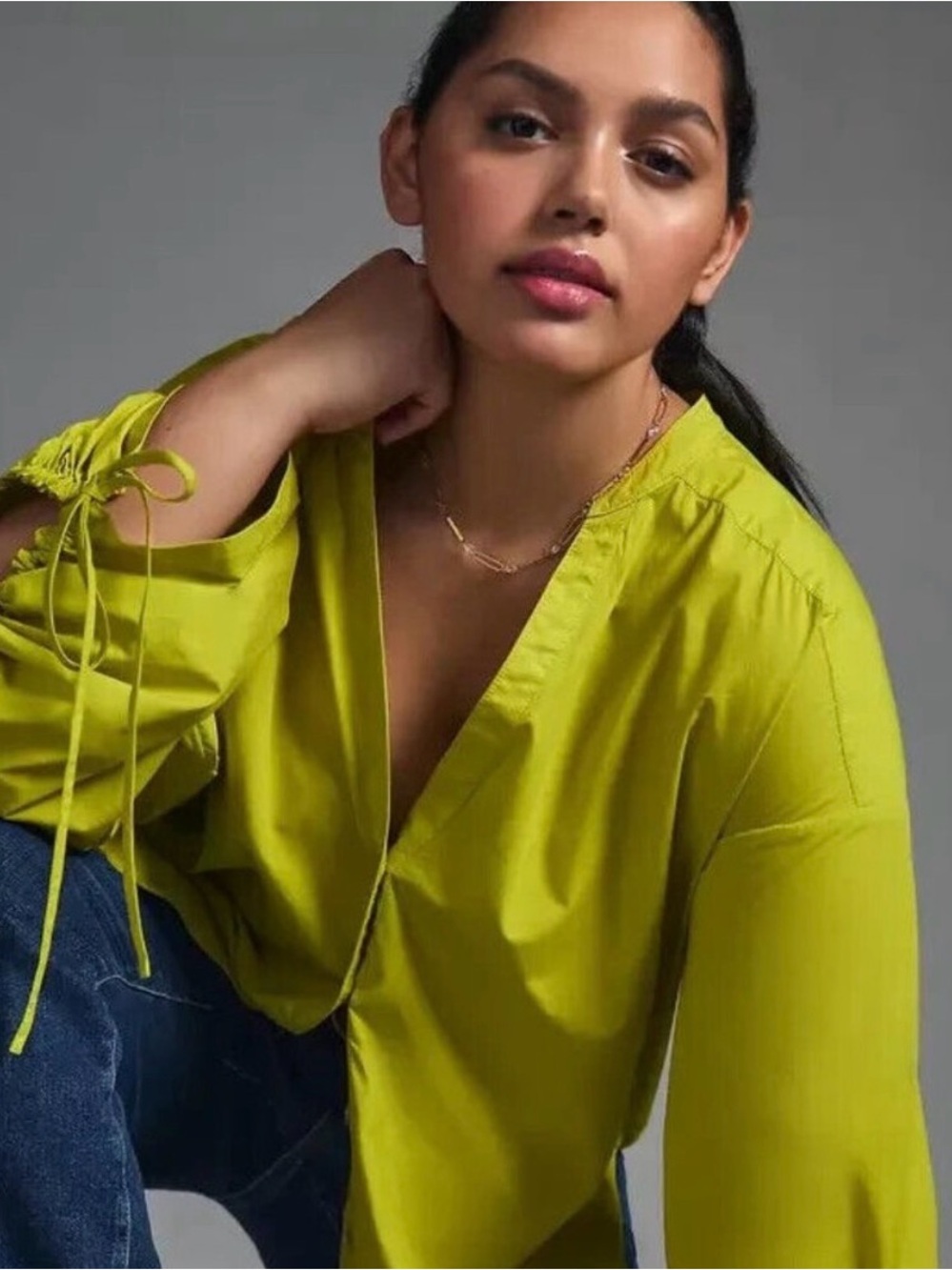 Pilcro Anthropologie V-Neck Long Sleeve Blouse in Chartreuse Green
